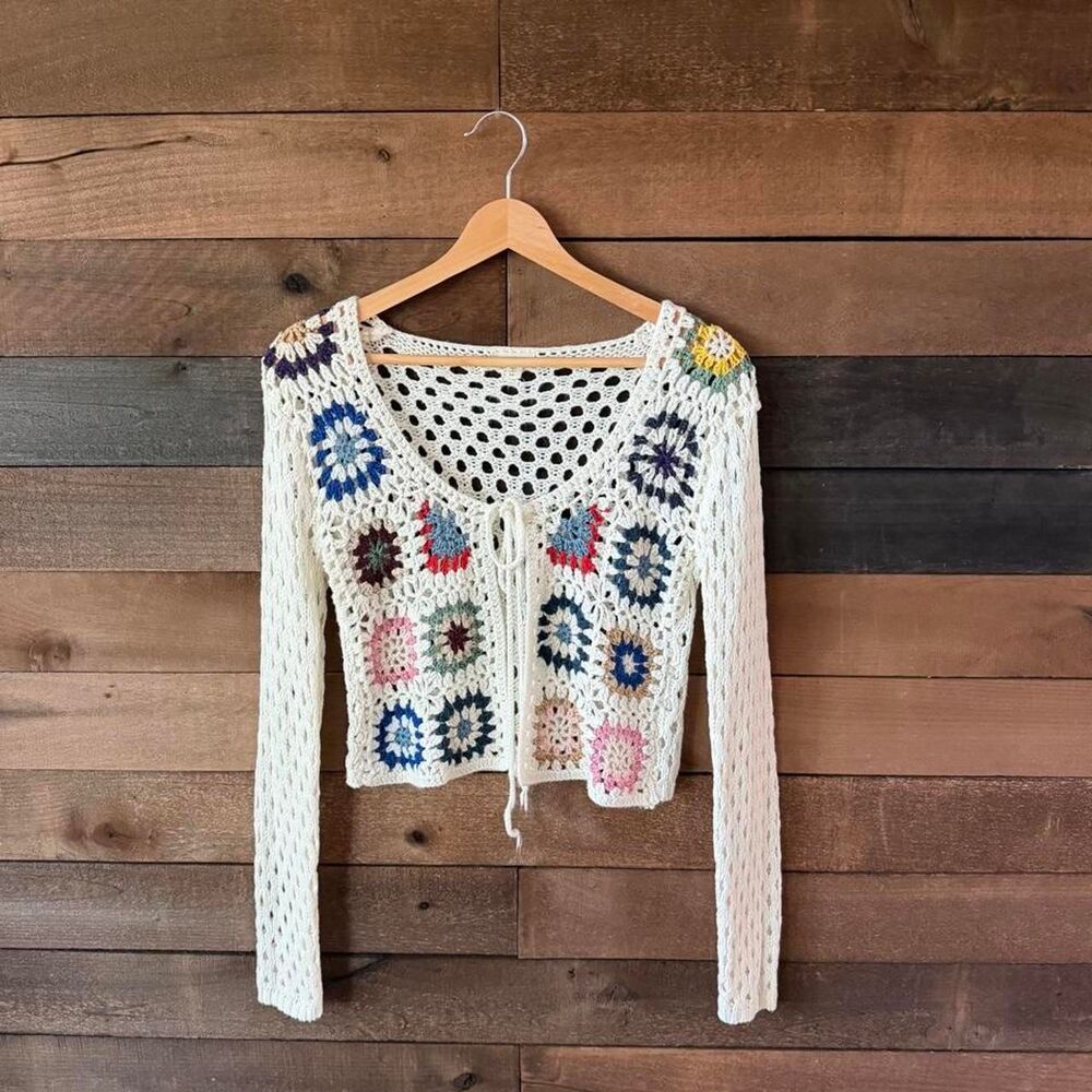 Debut Crochet Granny Square Tie Front Crop Cardigan Boho Festival XS
